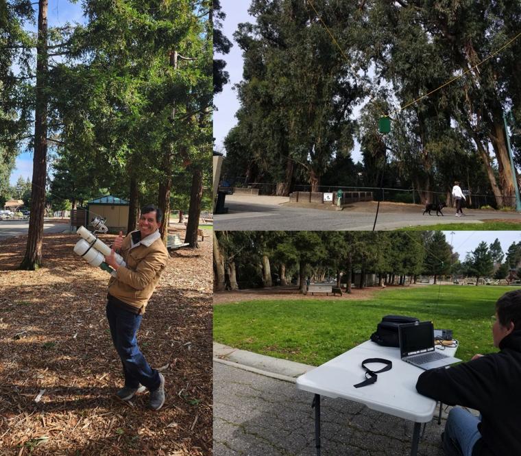 <b>The team at work!</b><br>Tony with the antenna launcher (left). The antenna feed point (up right) Connie trying FT8 (down right)